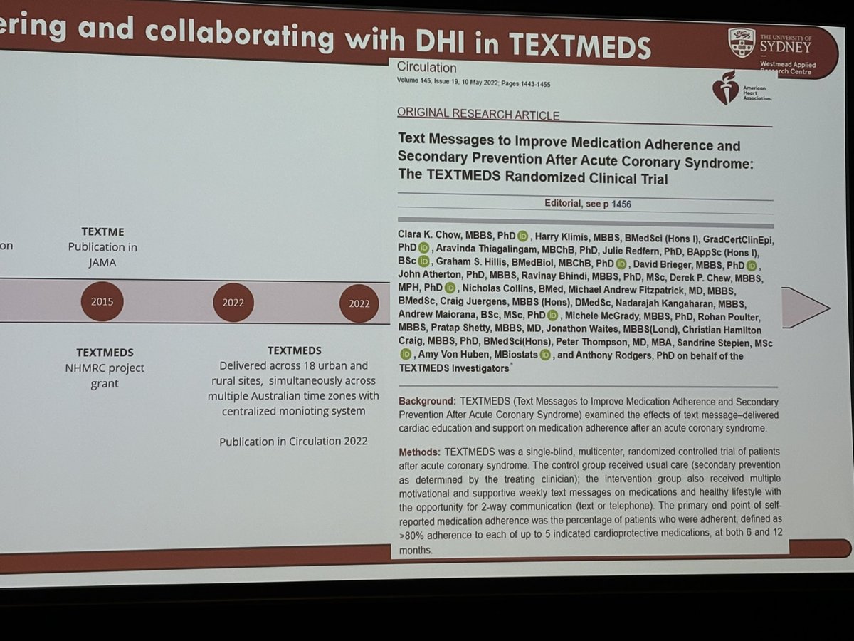 CathieSherr's tweet image. Inspiring talk from @clara_chow @WARC_USYD about the journey of embedded digital health interventions into routine care after the successful trial of text messages after cardiac events at @SHPartners #CTSymposium