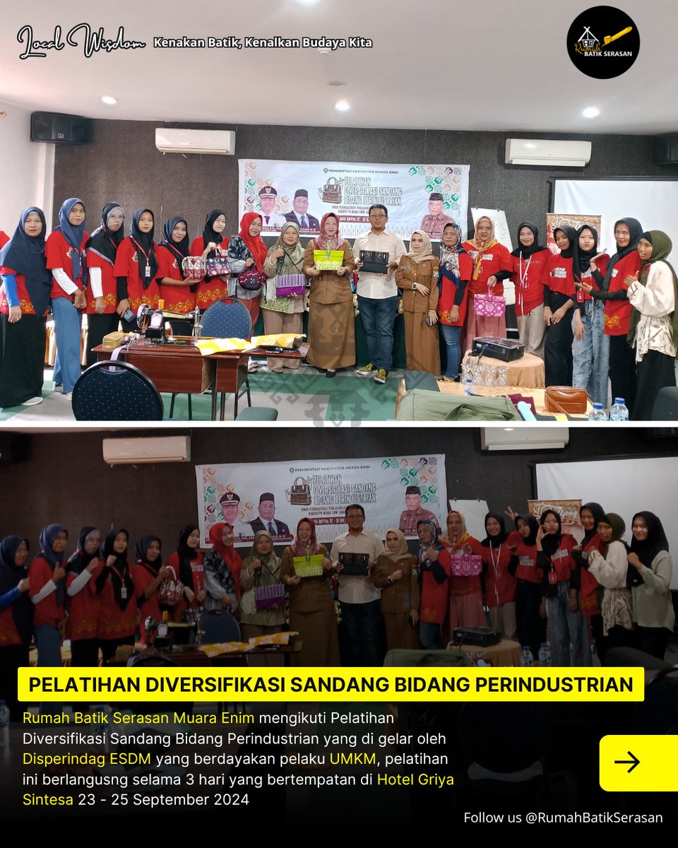 BatikSerasan's tweet photo. Pelatihan Diverifikasi Sandang Bidang Industri diikuti oleh Rumah Batik Serasan Muara Enim yang digelar oleh Disperindag ESDM yang berdayakan pelaku UMKM, pelatihan ini berlangsung selama 3 hari (23-25 September 2024) yang bertempatan di Hotel Griya Sintesa Muara Enim https://t.co/R5LX3b6iEQ