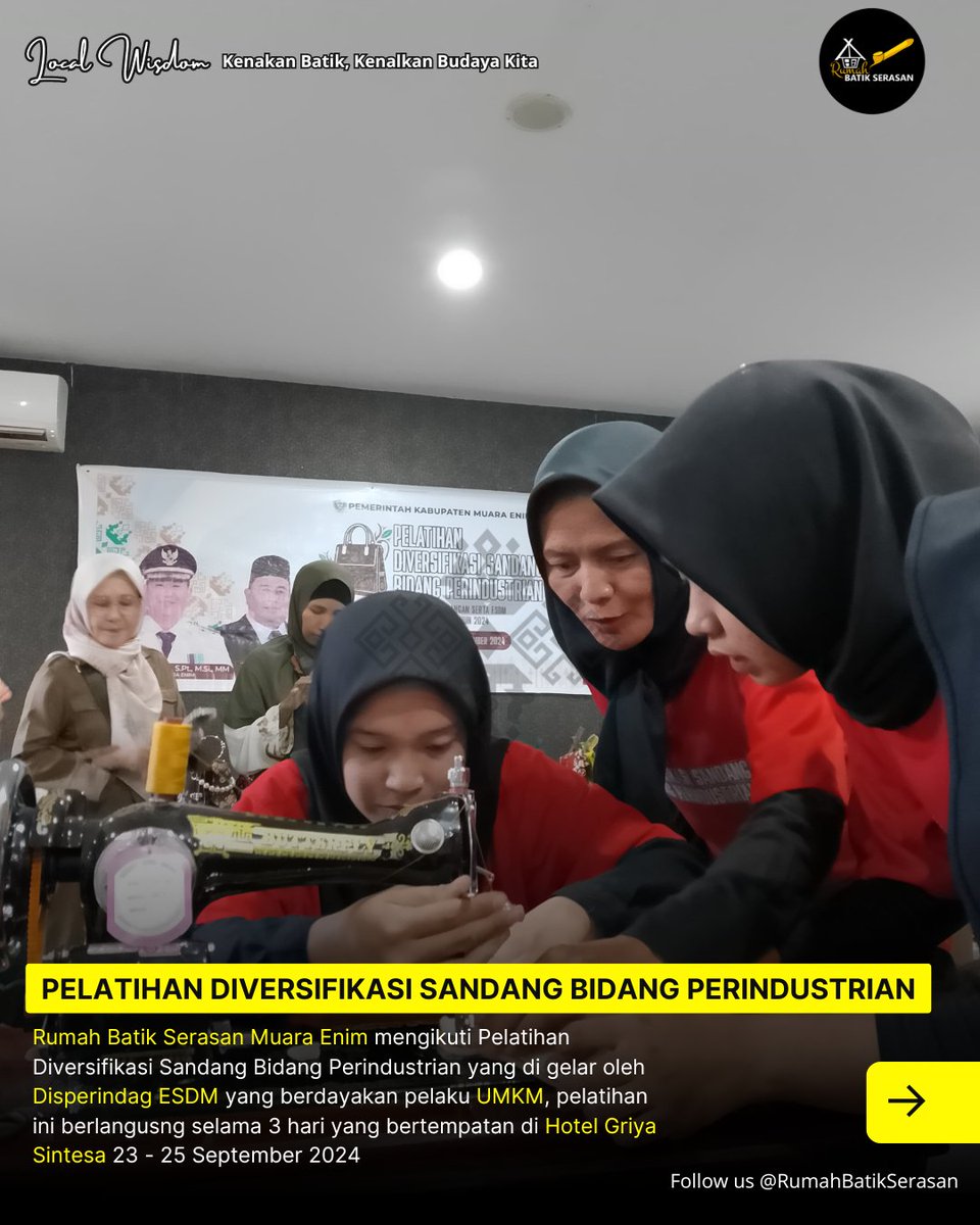 Pelatihan Diverifikasi Sandang Bidang Industri diikuti oleh Rumah Batik Serasan Muara Enim yang digelar oleh Disperindag ESDM yang berdayakan pelaku UMKM, pelatihan ini berlangsung selama 3 hari (23-25 September 2024) yang bertempatan di Hotel Griya Sintesa Muara Enim