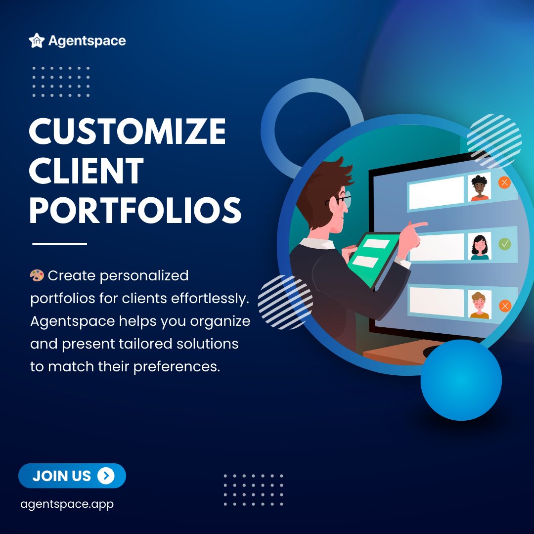 AgentSpace_app's tweet image. Create personalized portfolios for clients effortlessly. Agentspace helps you organize and present tailored solutions to match their preferences. for more information , please visit agentspace.app ,#savetime #increaseleads #growyourbusiness #realestateagent