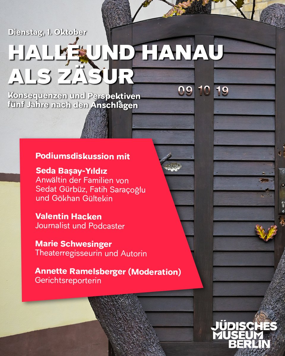 #Veranstaltung Halle und Hanau als Zäsur | Am 1. Oktober diskutieren Seda Başay-Yıldız, Valentin Hacken und Annette Ramels­berger über die Frage, welche Konsequenzen sich fünf Jahre nach den Anschlägen ziehen lassen. jmberlin.de/podiumsdiskuss…