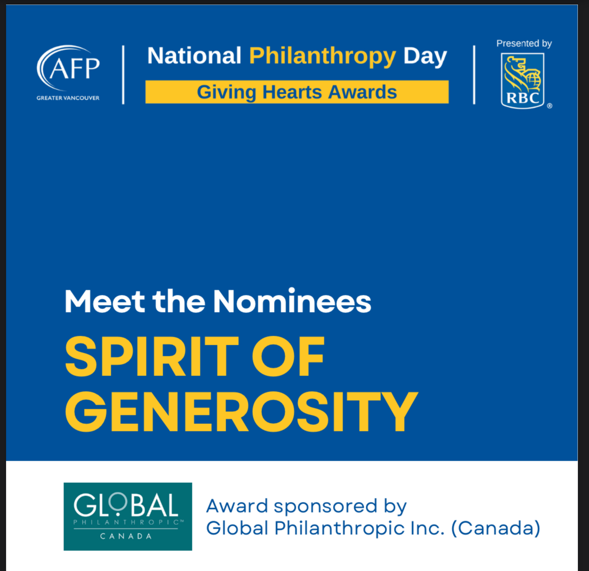 Spirit of Generosity
2024 Giving Hearts Awards nominees for the Spirit of Generosity Award, sponsored by @Global Philanthropy Canada. 

🌟 Frank Anfield
🌟 The Senft Family
🌟 Dale &amp; Darice Lutz
🌟 Raymond Heung, Trustee of the Y.P. Heung Foundation
loom.ly/bvZJxtI