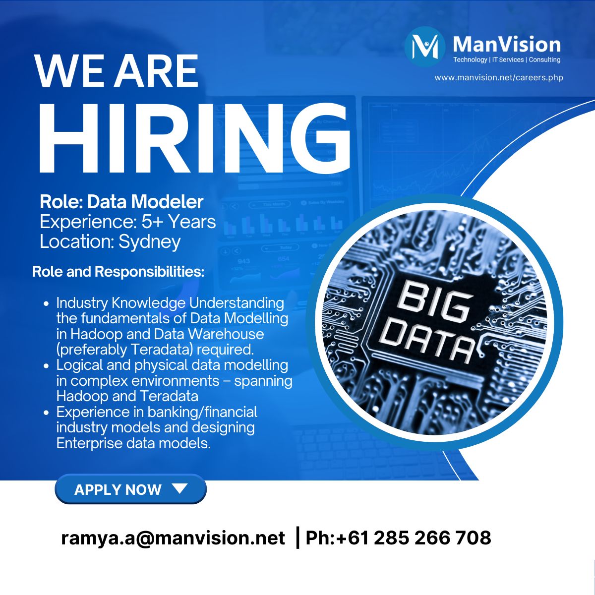 ManVisionConsu1's tweet image. Seeking a Data Modeler with over 5 years of experience in Sydney. Must have expertise in Data Modelling for Hadoop and Teradata, especially in banking/financial industry models. Contact ramya.a@manvision.net or +61 285 266 708. #DataModeler #Sydney