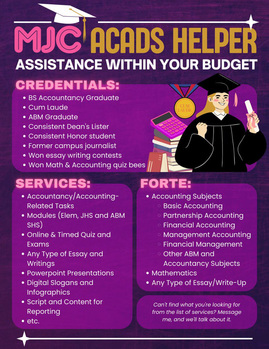 mjc_AcadsHelper's tweet photo. 📌Hello, everyone! Too bombarded with school works? MJC Acads Helper’s services would be more than happy to help you. Slide into my DMs, my dearest client! 🫶

📝Feel free to message me for inquiries!  

📍FORTE: Math, ABM &amp; Accounting Subjects, Write-Ups, PPTs and Infographics https://t.co/eHKBW72ssD