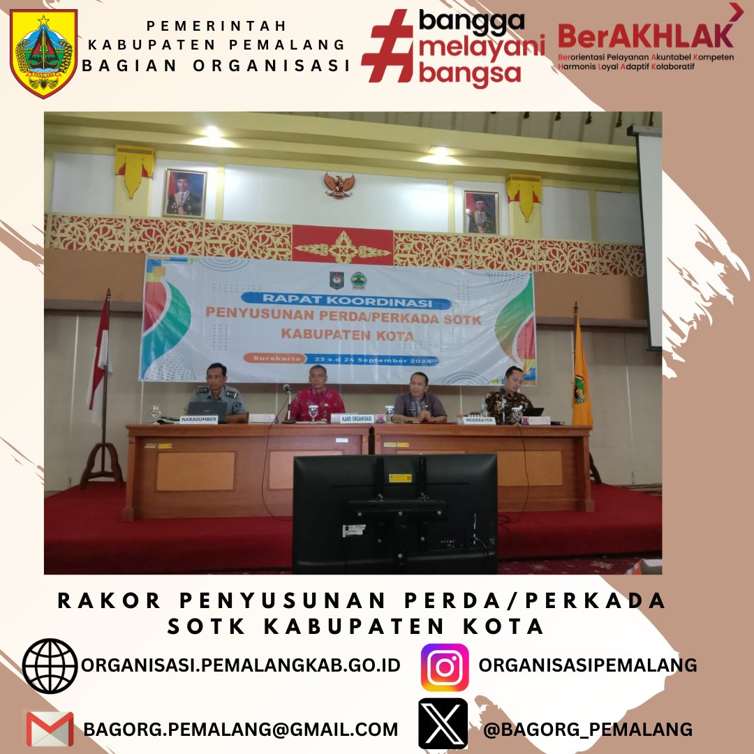 Senin – Selasa tanggal 23 – 24 September 2024, Bagian Organisasi Setda Kabupaten Pemalang mengikuti kegiatan Rakor Penyusunan Perda/Perkada SOTK Kabupaten Kota. Yang dilaksanakan oleh Biro Organisasi Setda Provinsi Jawa Tengah bertempat di Graha Soloraya (ex. Bakorwil Surakarta).