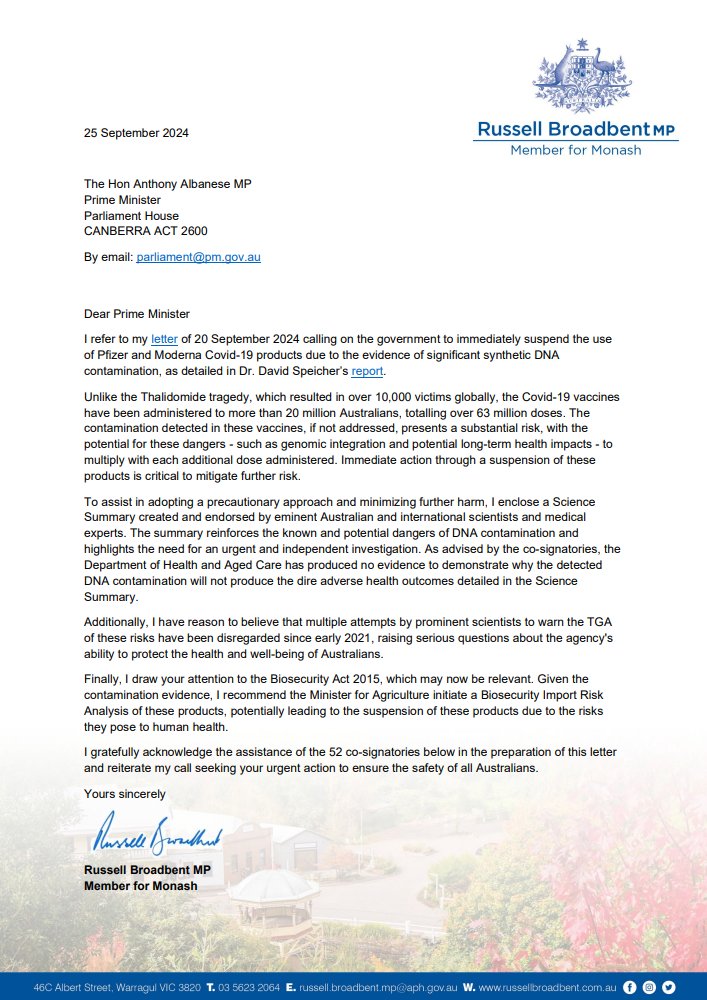 RBroadbent2025's tweet photo. My letter to the PM: Excessive synthetic foreign DNA encapsulated in lipid nanoparticles can integrate into human cells, potentially leading to genomic instability, cancers, immune system disruption, and adverse hereditary effects.
#StopTheShots #AnswersNow #TruthAndJustice