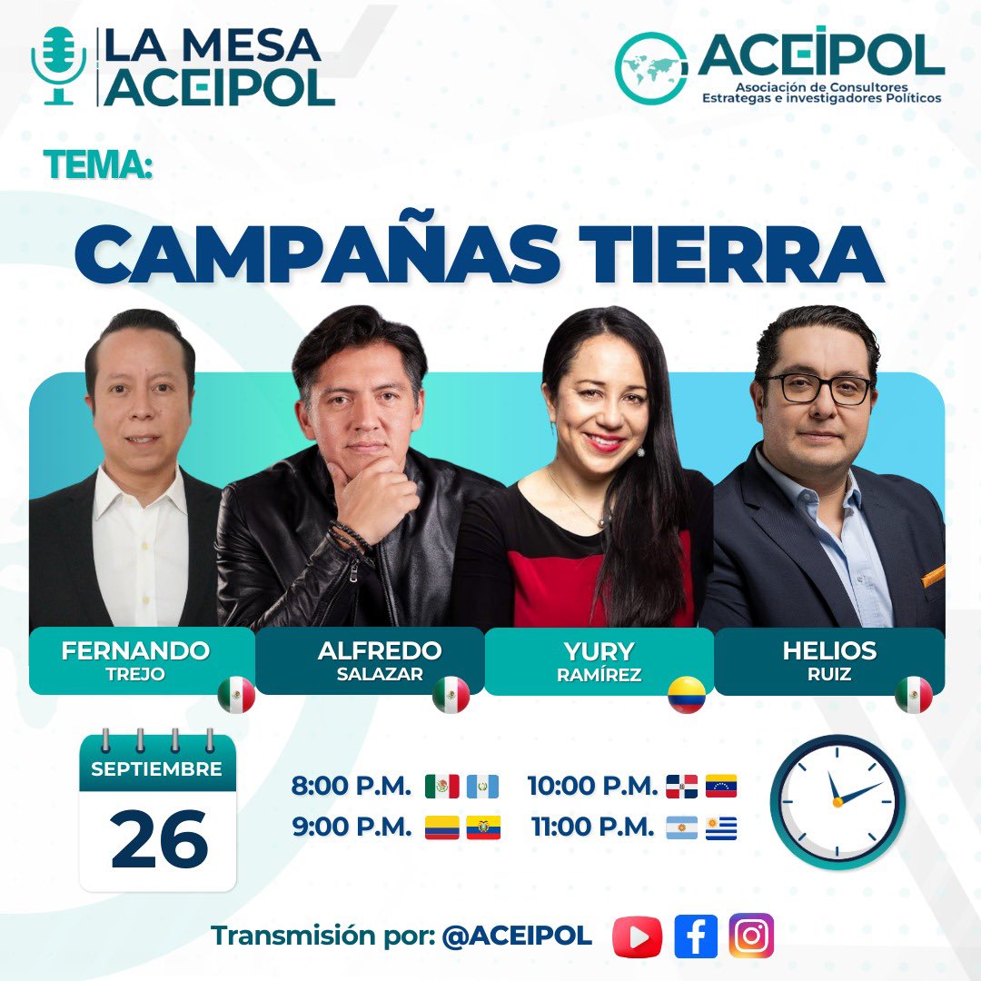 Este 26 de septiembre, te invitamos a un nuevo encuentro en LA MESA ACEIPOL donde hablaremos de las "Campañas Tierra". 🗳️

🇲🇽 <a href="/FerchoTrejo/">Fercho Trejo Lugo</a>
🇲🇽 <a href="/ASOMX/">Alfredo Salazar .·.</a>
🇨🇴 <a href="/Yuryramidiaz/">YURY RAMIREZ DIAZ</a>
🇲🇽 <a href="/HeliosRE/">Helios Ruiz Esparza</a>

🔴 Sigue la transmisión en nuestras redes sociales. 💻