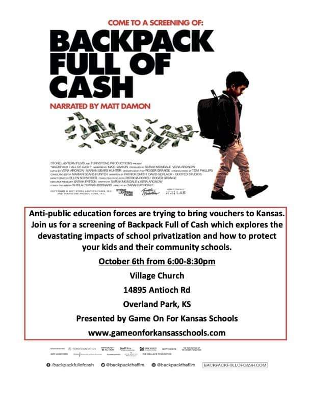 GameOnKansas's tweet photo. Anti-public education forces are trying to bring vouchers to Kansas. Join us for a free screening of Backpack Full of Cash in the Blue Valley/Olathe area Sunday, October 6 at 6pm at Village Church (14895 Antioch Rd. in Overland Park).
Event link ->
https://t.co/vDLN2ZWgKY https://t.co/g1uCbSOinh