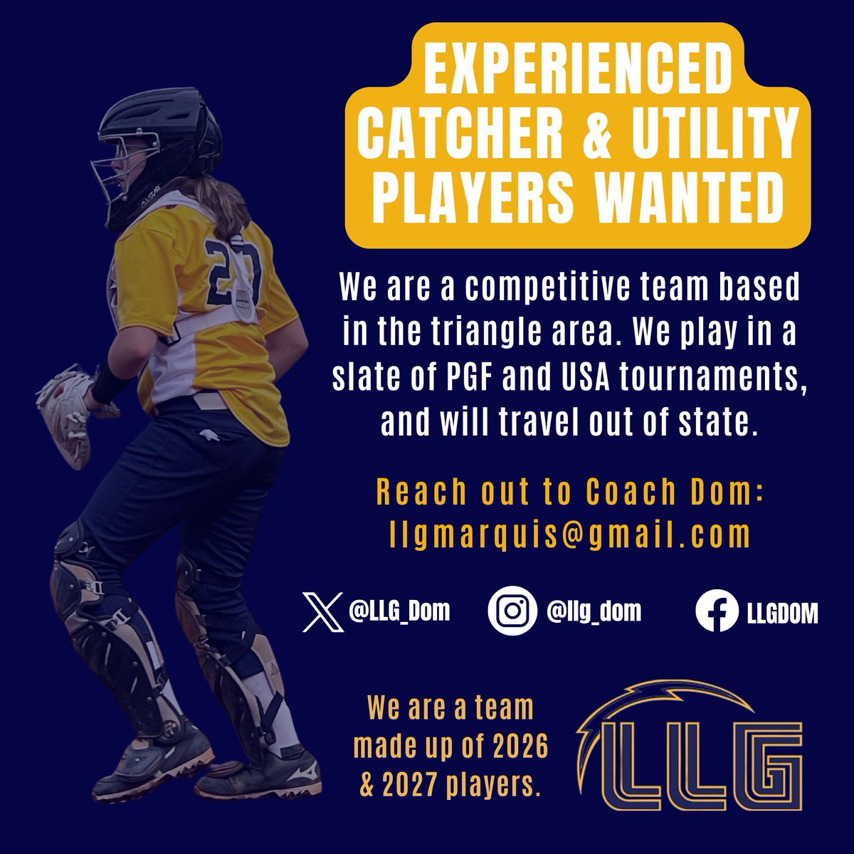 Due to injury we have an immediate need for a catcher.  Also interested in athletic &amp; experienced utility players.  <a href="/Org_LLG/">Lady Lightning Gold Org Account</a> <a href="/LLGCOACH/">LLG</a>