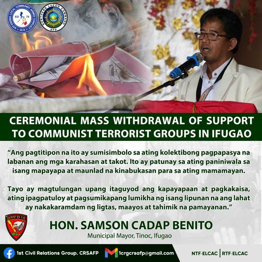 1CRGCRSAFP's tweet photo. Statement of Hon Samson Cadap Benito, the Municipal Mayor of Tinoc, Ifugao during the Ceremonial Mass Withdrawal of Support to Communist Terrorist Groups in Ifugao on September 24, 2024.
#NoToCPPNPANDFRecruitment
#SupportELCAC
#AFPyoucanTRUST
#SundaloSalamatsaSerbisyo https://t.co/JuJKYMRel9