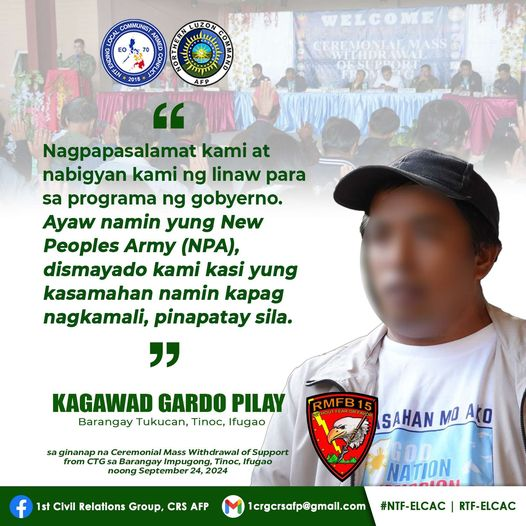 1CRGCRSAFP's tweet photo. Pahayag ni Kagawad Gardo Pilay ng Barangay Tukucan, Tinoc Ifugao sa ginanap na Ceremonial Mass withdrawal of Support sa Komunistang Teroristang Grupo sa Barangay Impugong, Tinoc, Ifugao noong ika-24 ng Setyembre 2024.
#NoToCPPNPANDFRecruitment
#SupportELCAC
#AFPyoucanTRUST https://t.co/vIAfXV5StJ