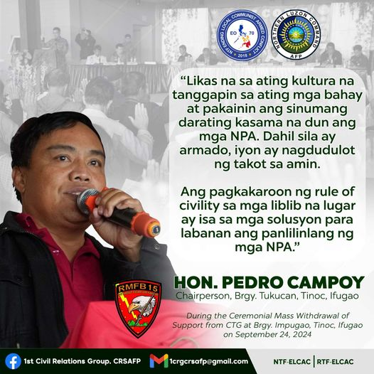1CRGCRSAFP's tweet photo. Statement of Barangay Chairman Pedro Campoy of Barangay Tukucan, Tinoc, Ifugao during the Ceremonial Mass Withdrawal of Support from Communist Terrorist Group at Tinoc, Ifugao on September 24, 2024.
#NoToCPPNPANDFRecruitment
#SupportELCAC
#SundaloSalamatsaSerbisyo
#AFPyoucanTRUST https://t.co/5g1iAsUCyo