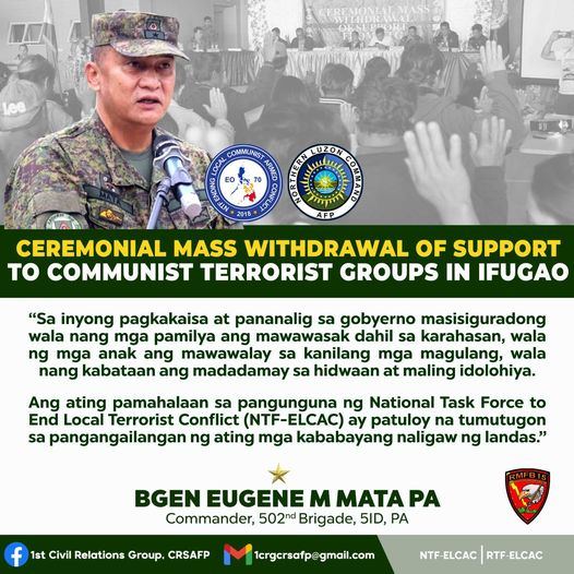 1CRGCRSAFP's tweet photo. Statement of BGEN EUGENE M MATA PA, the Commander of 502nd Brigade, 5th Infantry Division, Philippine Army during the Ceremonial Mass Withdrawal of Support to Communist Terrorist Groups in Ifugao.
#NoToCPPNPANDFRecruitment
#SupportELCAC
#SundaloSalamatsaSerbisyo
#AFPyoucanTRUST https://t.co/JlZsydWgiW