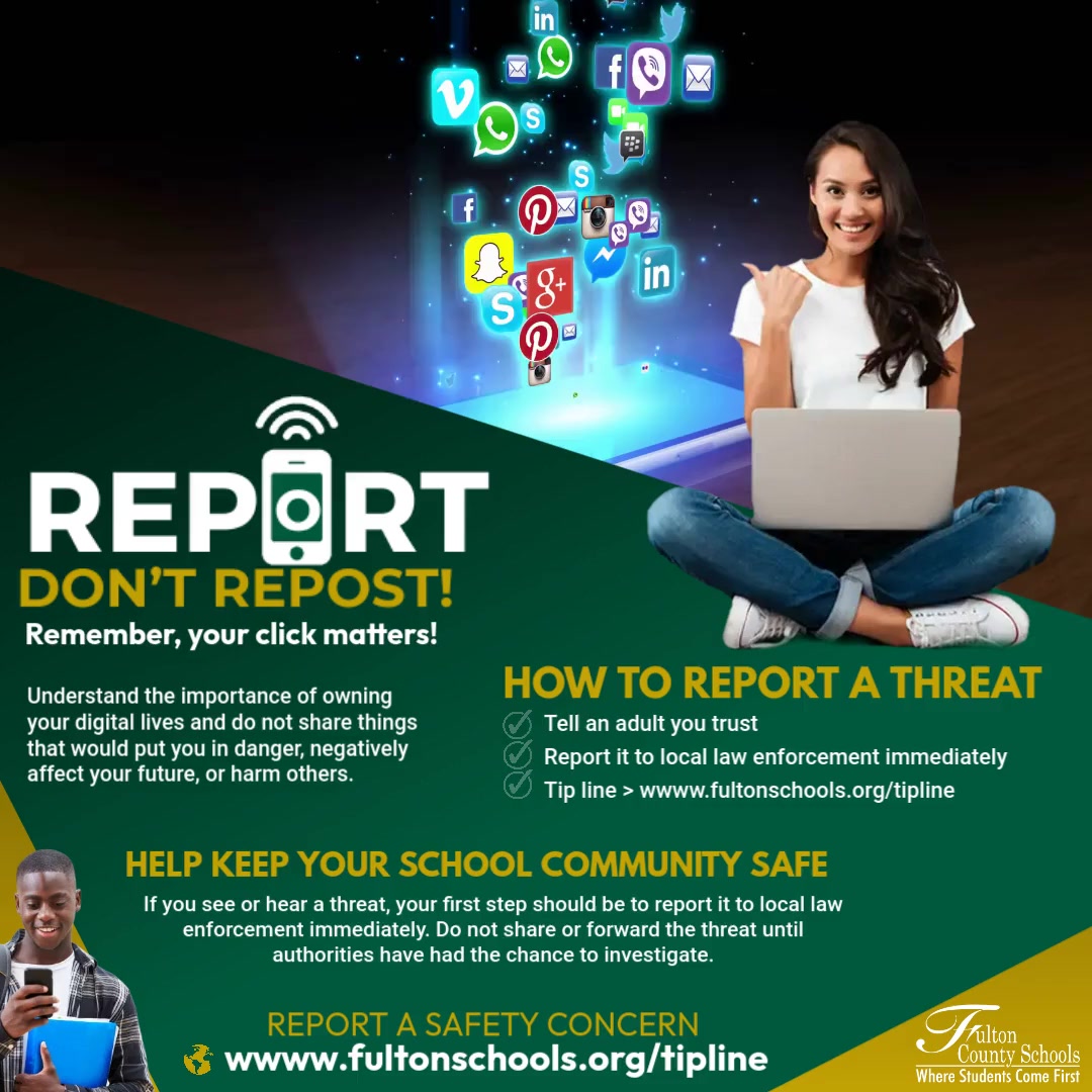 FultonCountySchools (@fultoncoschools) on Twitter photo FCS is taking a stand against the rapid spread of harmful content online! Our #ReportDontRepost campaign is here to educate students and families about the importance of reporting, rather than reposting, threats seen on social media.
fultonschools.org/reportdontrepoā¦
<a href="/FCSSuptLooney/">Dr. Mike Looney (Official Acct)</a> FCS is taking a stand against the rapid spread of harmful content online! Our #ReportDontRepost campaign is here to educate students and families about the importance of reporting, rather than reposting, threats seen on social media.
fultonschools.org/reportdontrepoā¦
<a href="/FCSSuptLooney/">Dr. Mike Looney (Official Acct)</a>