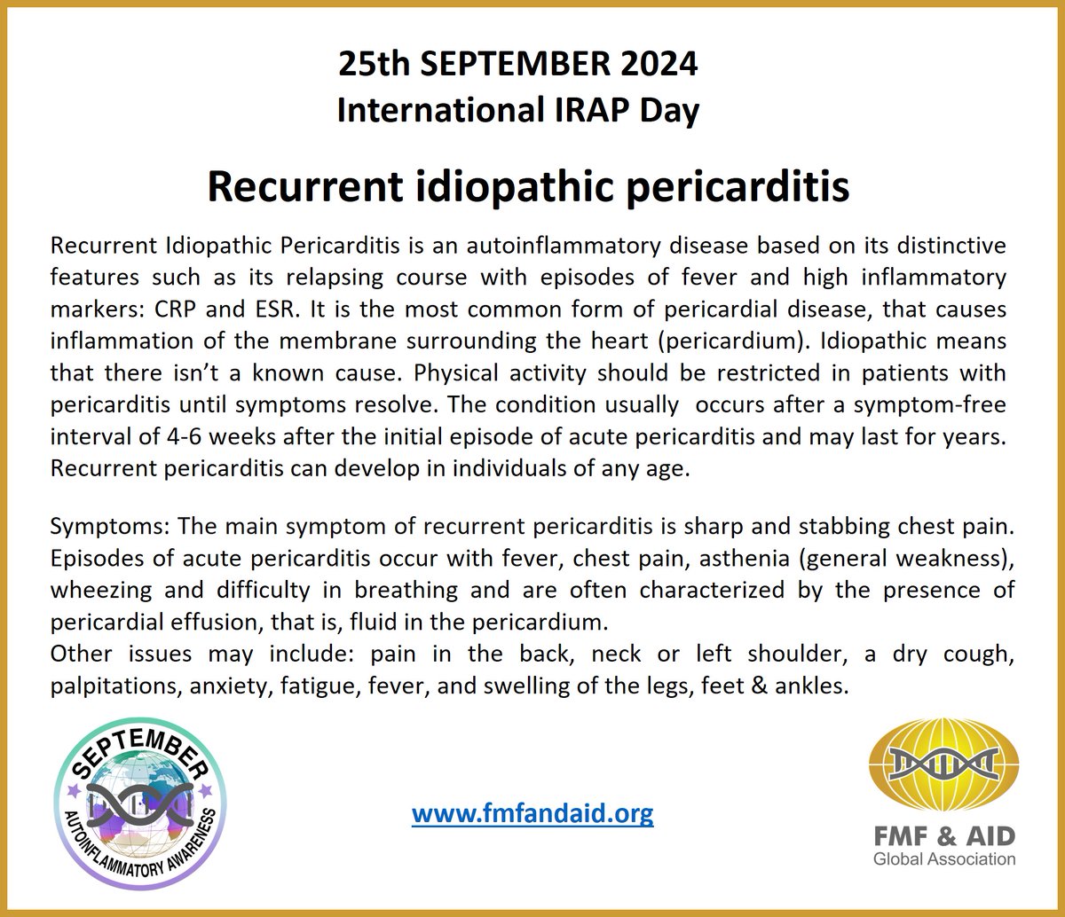 📅 Today, September 25th, we raise awareness for Recurrent Idiopathic Pericarditis. 
This rare and often misunderstood condition affects many lives, yet remains under-recognized. 
Please share this informative box to help increase awareness.