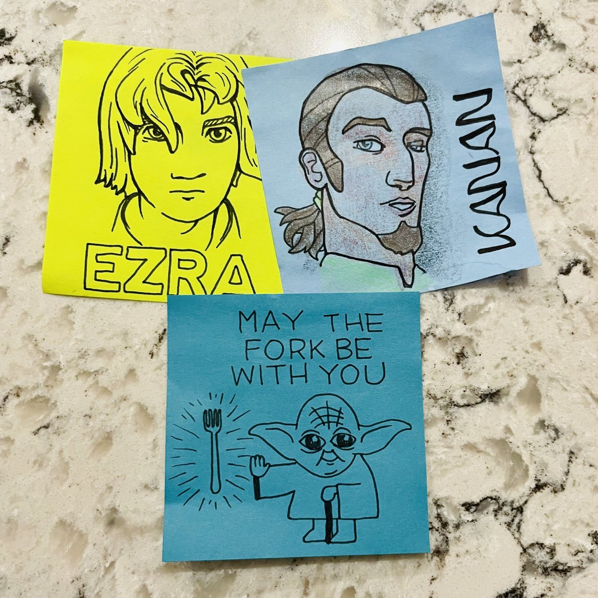 doodle4lunchbox's tweet photo. Sept. 24, 2024 Signs that Bowen has been consumed with Star Wars and Happy Potter (and his dad with Caitlin Clark) #lunchbox #doodles https://t.co/CrihARkZGK