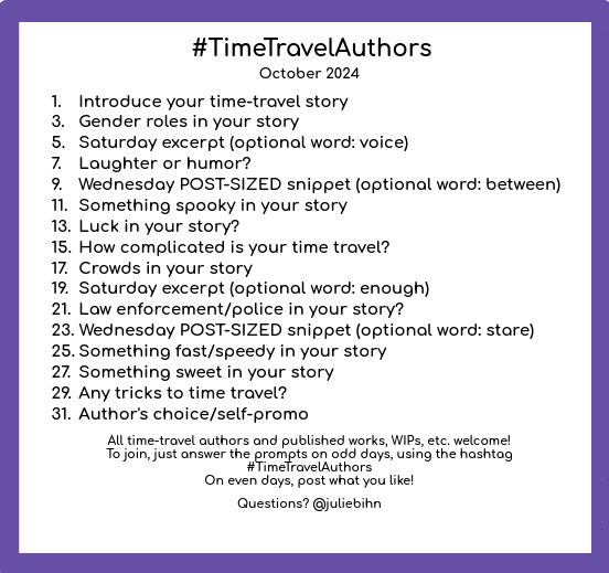 juliebihn's tweet photo. Please join us for #TimeTravelAuthors in October! (Or there's still time to participate in September; prompts are in my profile!) #WritingQs #WritingCommunity https://t.co/iXv44Bv8rd