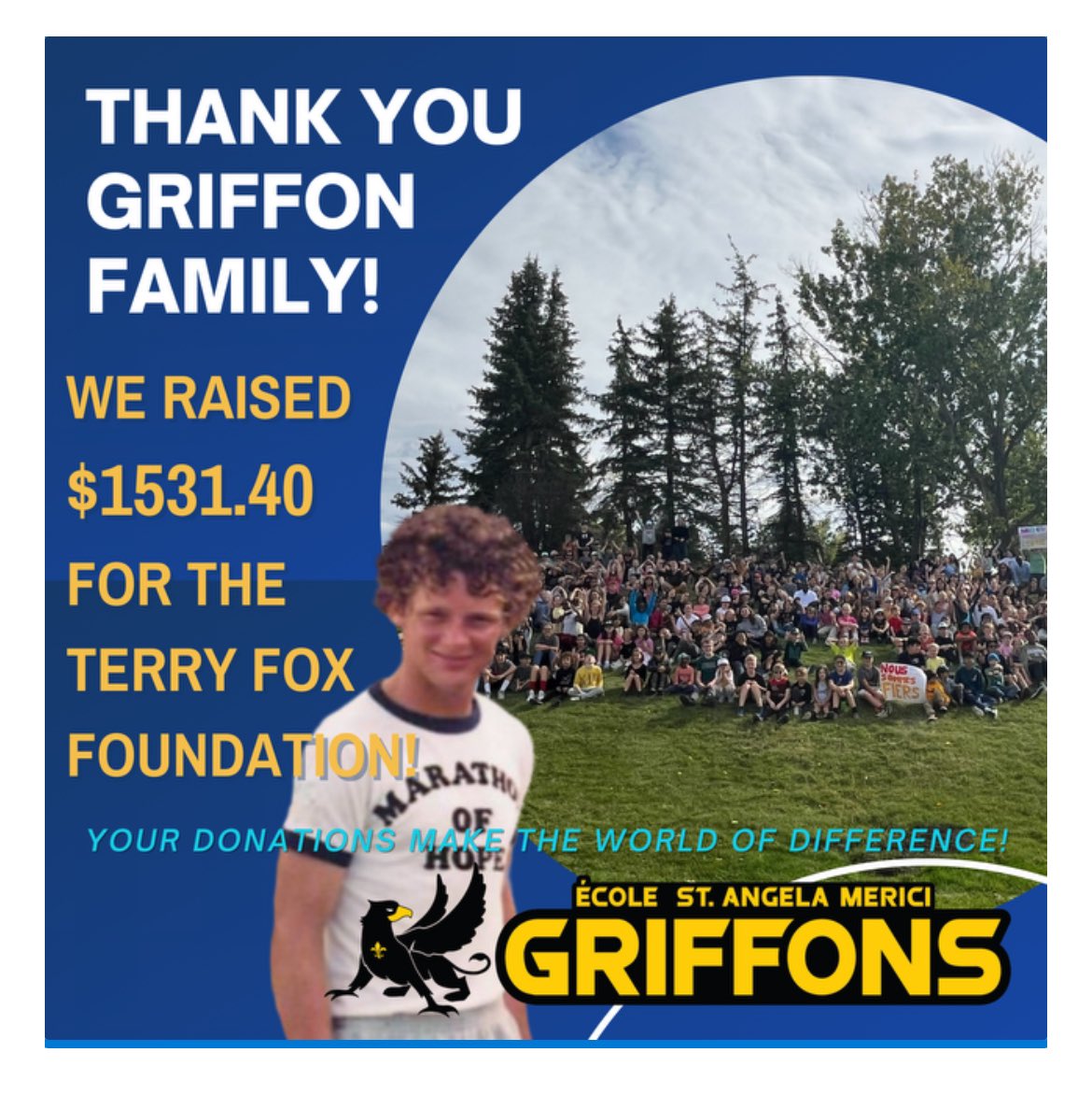 🎩Hats off with gratitude to our Griffon family and all the support they gave in helping us raise $1531.40!! Proceeds to the Terry Fox Marathon of Hope foundation. 🙌Your support is appreciated!