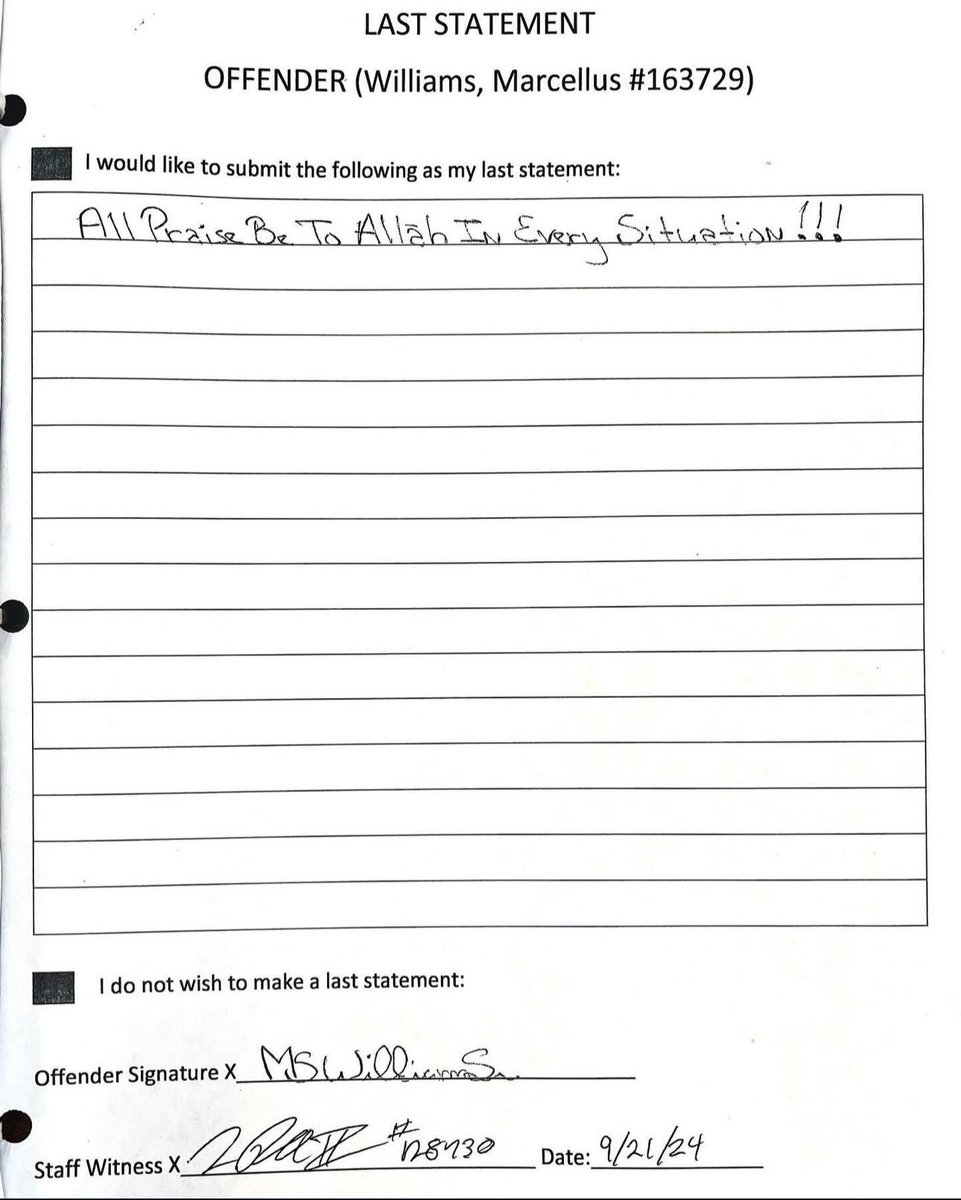 deentourr's tweet photo. #MarcellusWilliams final statement. 

They executed an innocent man!!! https://t.co/Z8TwXUXkwb