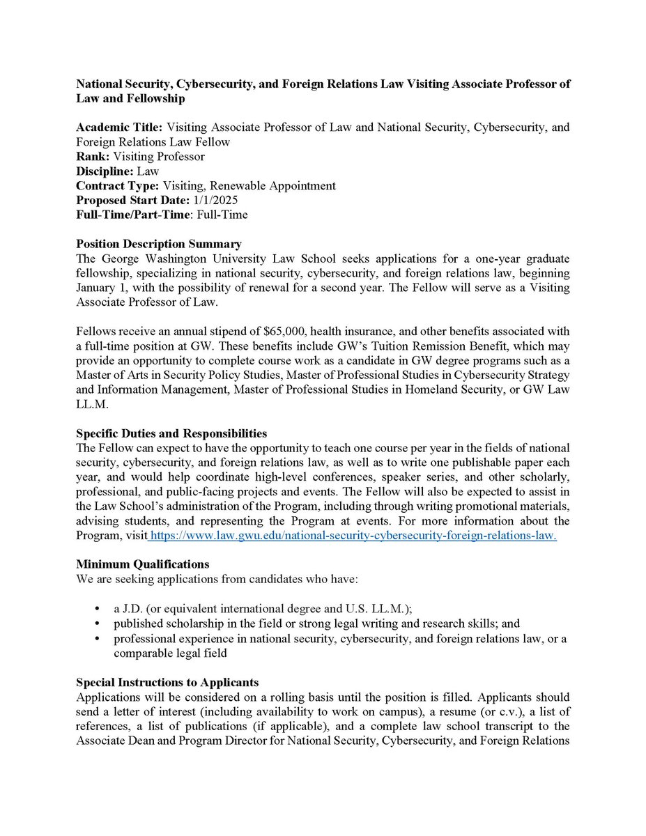 gwlawnatsec's tweet image. Apply to work with the GW National Security Law Program and serve as a Visiting Associate Professor of Law and National Security, Cybersecurity, and Foreign Relations Law Fellow!