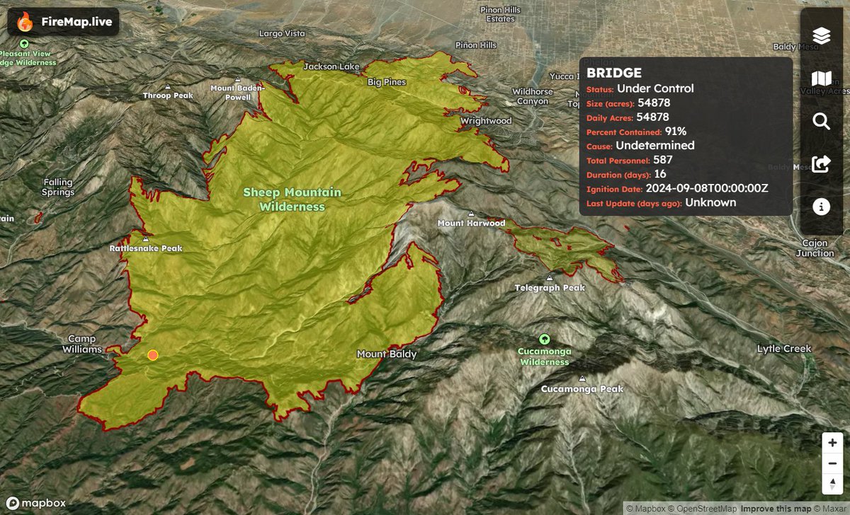 disaster_db's tweet image. The the latest #BridgeFire boundary on #FireMap
firemap.live/index_3.html?l…