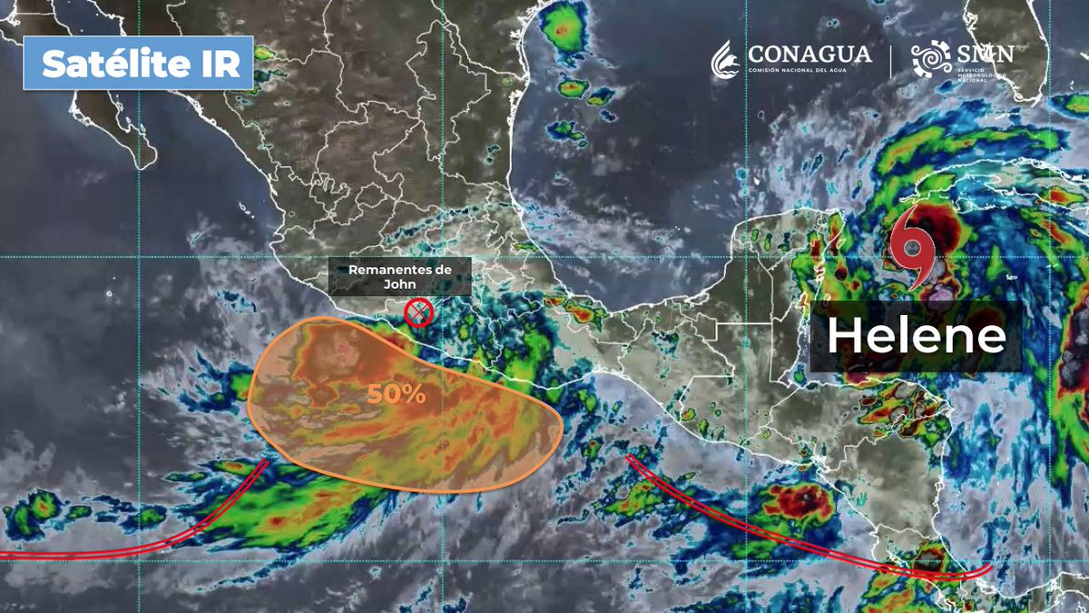 Mencionó que una zona de #BajaPresión con 50% de probabilidad para desarrollo ciclónico en 48 horas,  interacciona con los remanentes de #John frente a las costas de #Michoacán y #Guerrero.