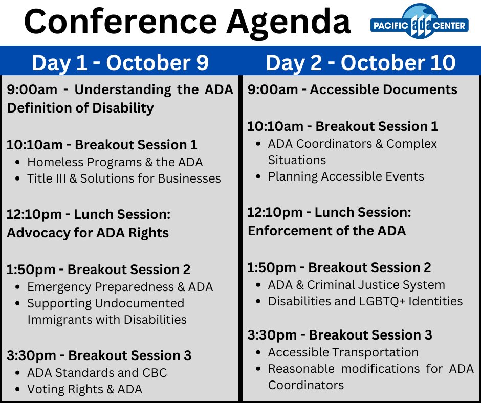 PacificADACtr's tweet photo. Check out the detailed agenda for the 2024 Beyond Compliance: Access, Equity and the ADA! Plan your sessions and don’t miss any of the key discussions. #PacificADACenter #DisabilityConference #ADAConference2024 https://t.co/z6hGmWOlDw