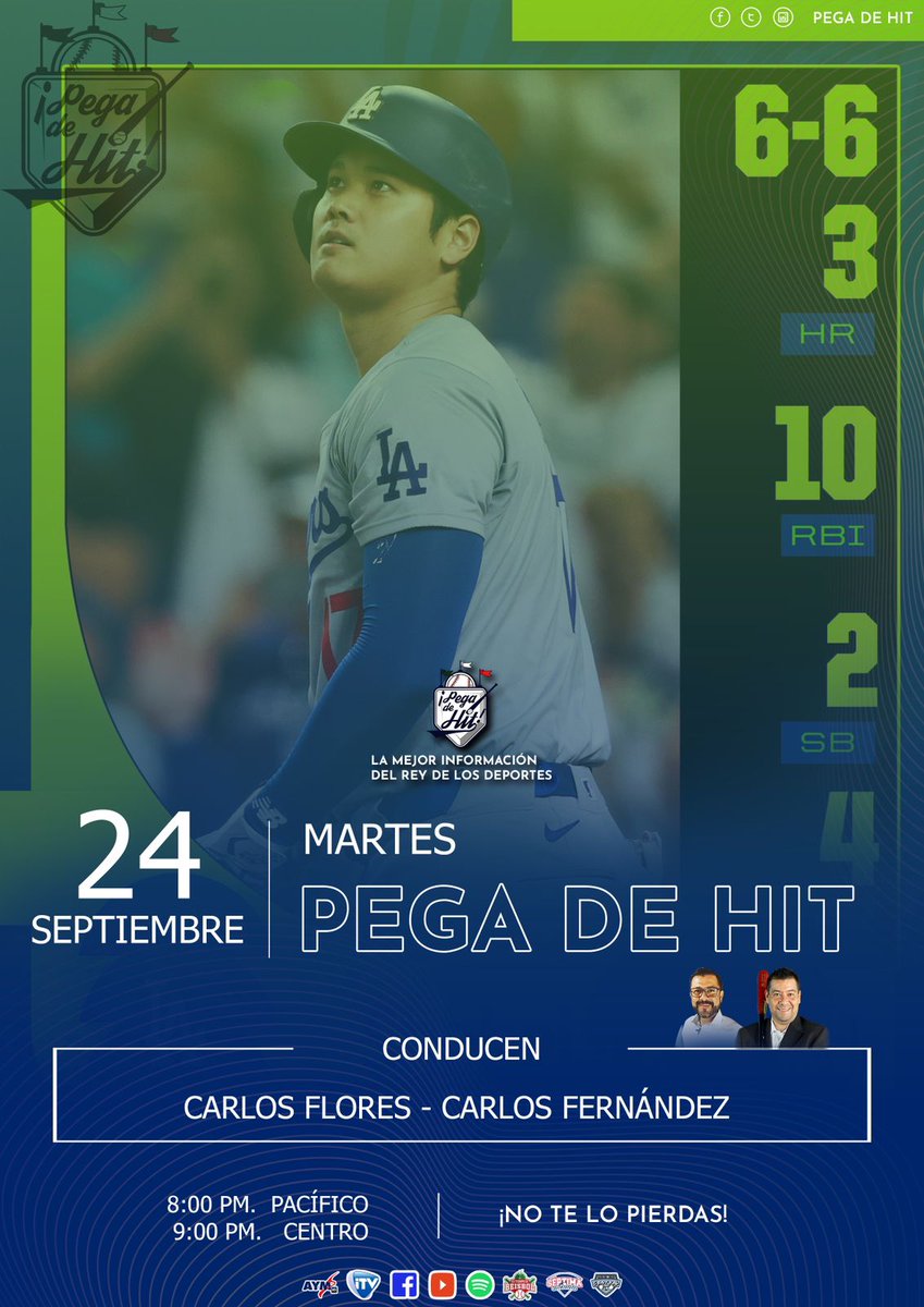 pegadehit's tweet photo. #PegaDeHit 262 ⚾

⚾ El increíble Ohtani
⚾ Ohtani vs Judge
⚾ Dúo de poder en Yankees
⚾ LMB, MLB, Standings y mucho más...

¡No te lo pierdas! en #PegaDeHit 262 ⚾

📺 InternetvDeportes
📲 Facebook Live
🖥️ Youtube

Conducen:
🎙️ @CarlosFloresMtz
🎙️ @CAFERNANDEZR https://t.co/8a8jGG3A3q