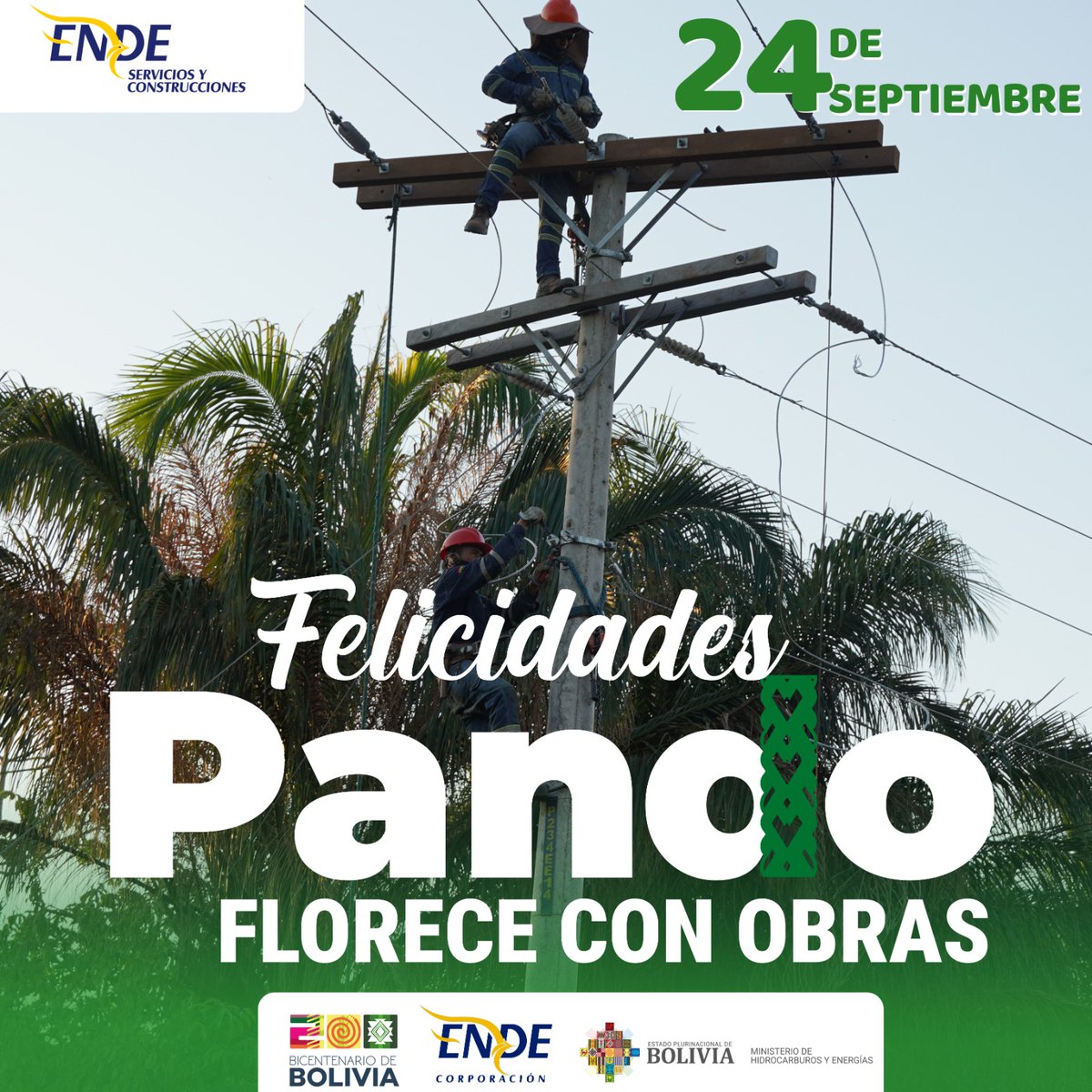 #24DeSeptiembre| ENDE Servicios y Construcciones felicita al departamento de Pando en su 86º aniversario. Celebramos junto a su gente valiente y trabajadora que sigue construyendo un futuro lleno de oportunidades. ¡Felicidades, Pando, corazón de la Amazonía boliviana!