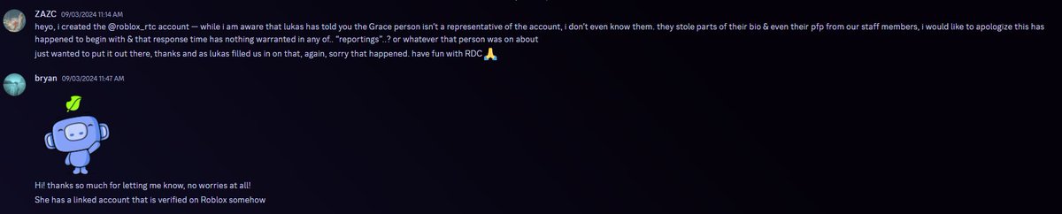 FouledRBLX's tweet image. Hi all! If this user @gracexoxos reaches out to you wanting to write an article for RTC, do not respond. She does not work for RTC and will try to send you a discord link to open a ticket. Thank you the team at @Roblox_RTC for reaching back out and helping.