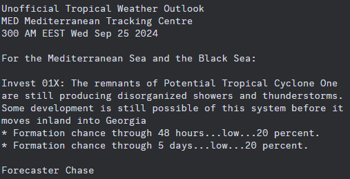 MedicaneTrack's tweet photo. UNOFFICIAL 3am EEST September 25: There is a low (20%🟡) chance of a tropical disturbance developing in the eastern Black Sea.  
#wx #wxtwitter #tropicswx #Medicane #PTC1 https://t.co/QRe5kibdap