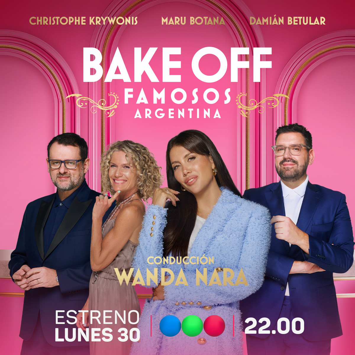 BakeOffAR's tweet photo. Preparate para que tus noches sean más dulces 🧁 #BakeOffFamosos desde este lunes a las 22hs con la conducción Wanda Nara y los mejores jurados: Damián Betular, Maru Botana y Christophe Krywonis👏🏾 Por Telefe 💙💚❤️ https://t.co/9pzfoapDRT
