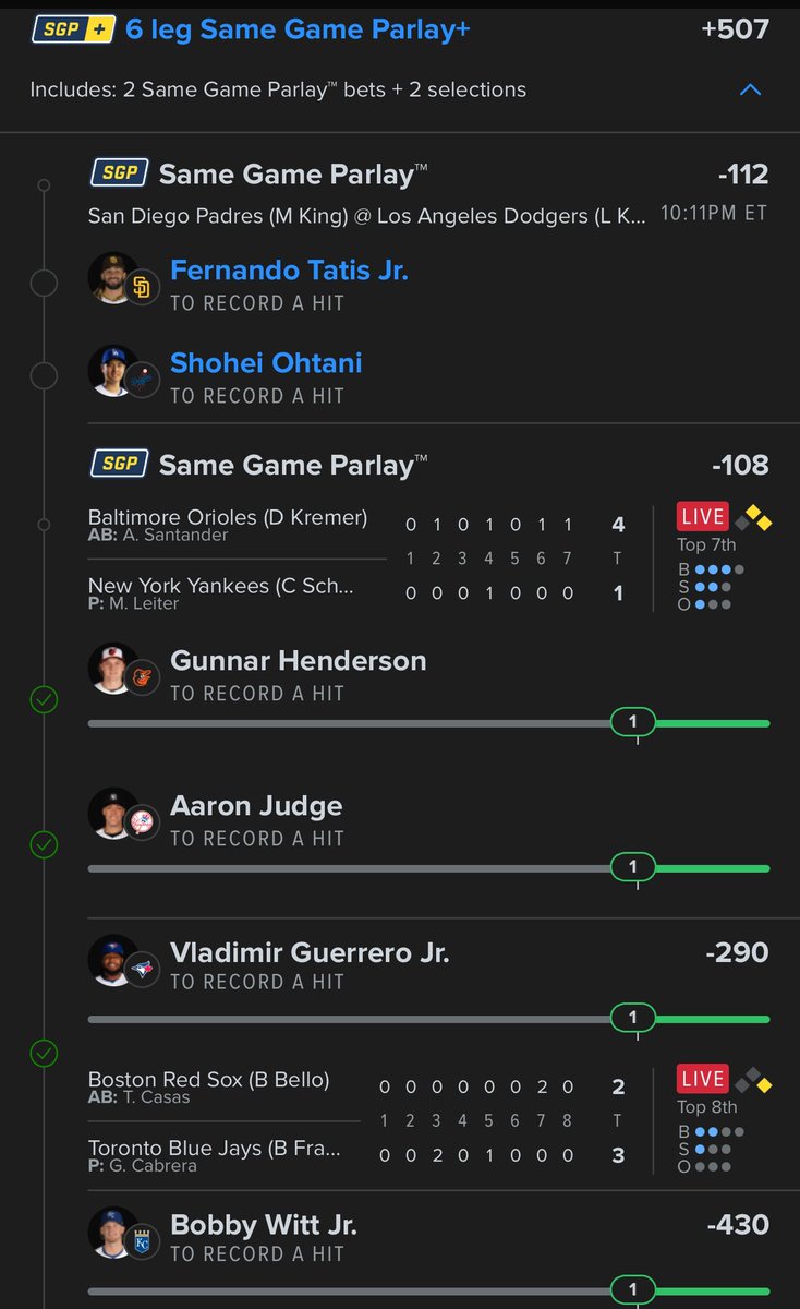 onlyparlays's tweet photo. Two more hits for a hit parlay sweep.. Tatis and Ohtani 🤞 https://t.co/1L7UIF59kb