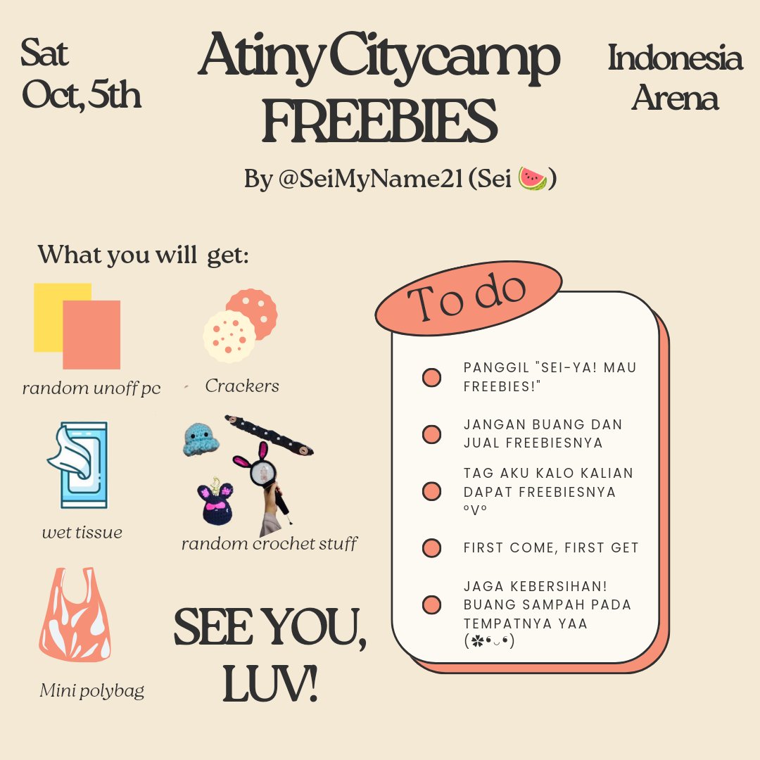 SeiMyName21's tweet photo. [🔄 and ❤️ are very appreciated]

Haloo! Aku mau bagi-bagi freebies di citycamp buat ATINY!! 

🗓 sat, Oct 5th 2024
📍Indonesia Arena
🕐 TBA

Limited qty
Yang mau trade, boleh yaa!

#ATEEZinCITYCAMP2024 https://t.co/EEmTFnZDZx