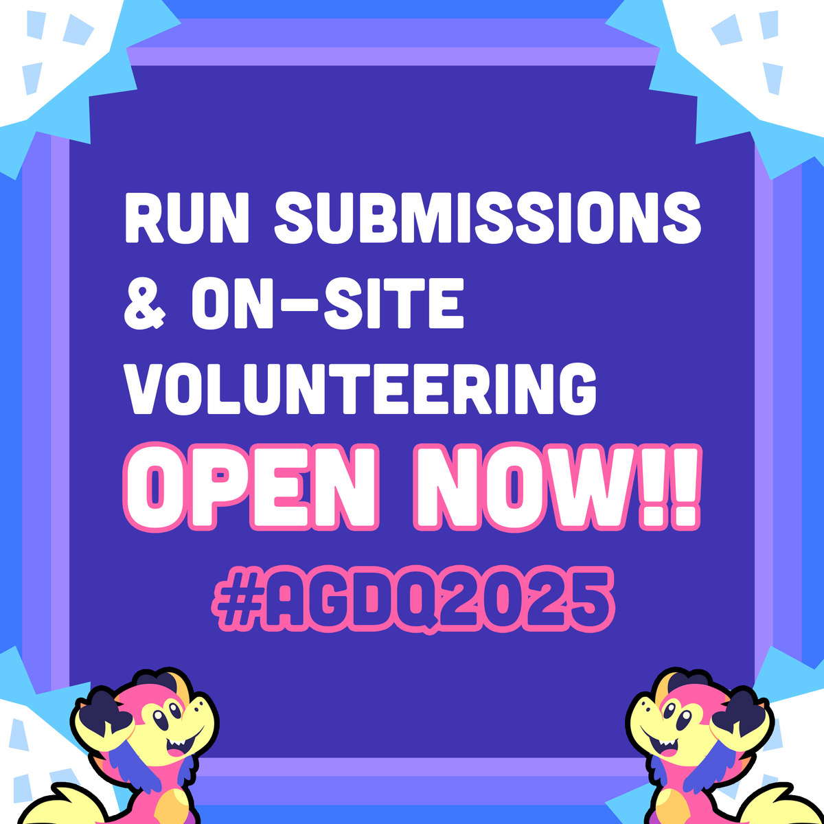 #AGDQ2025 run submissions and on-site volunteering applications are open now until Oct. 6th!!!!

Submit your runs: submissions.gamesdonequick.com

Apply for on-site volunteering: gamesdonequick.com/volunteer