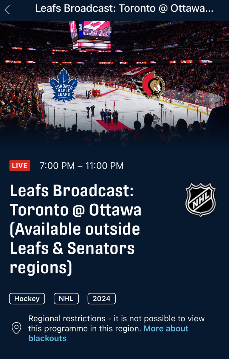 greatuncleRB's tweet photo. Hey @NHL @Sportsnet @TSN_Sports @Rogers @Bell explain to me like I’m five years old why people in the Leafs and Sens region cannot watch the Toronto V. Ottawa game. I really need to understand the logic… #freehockey #LeafsForever #Sens https://t.co/5lD8fGnnK0