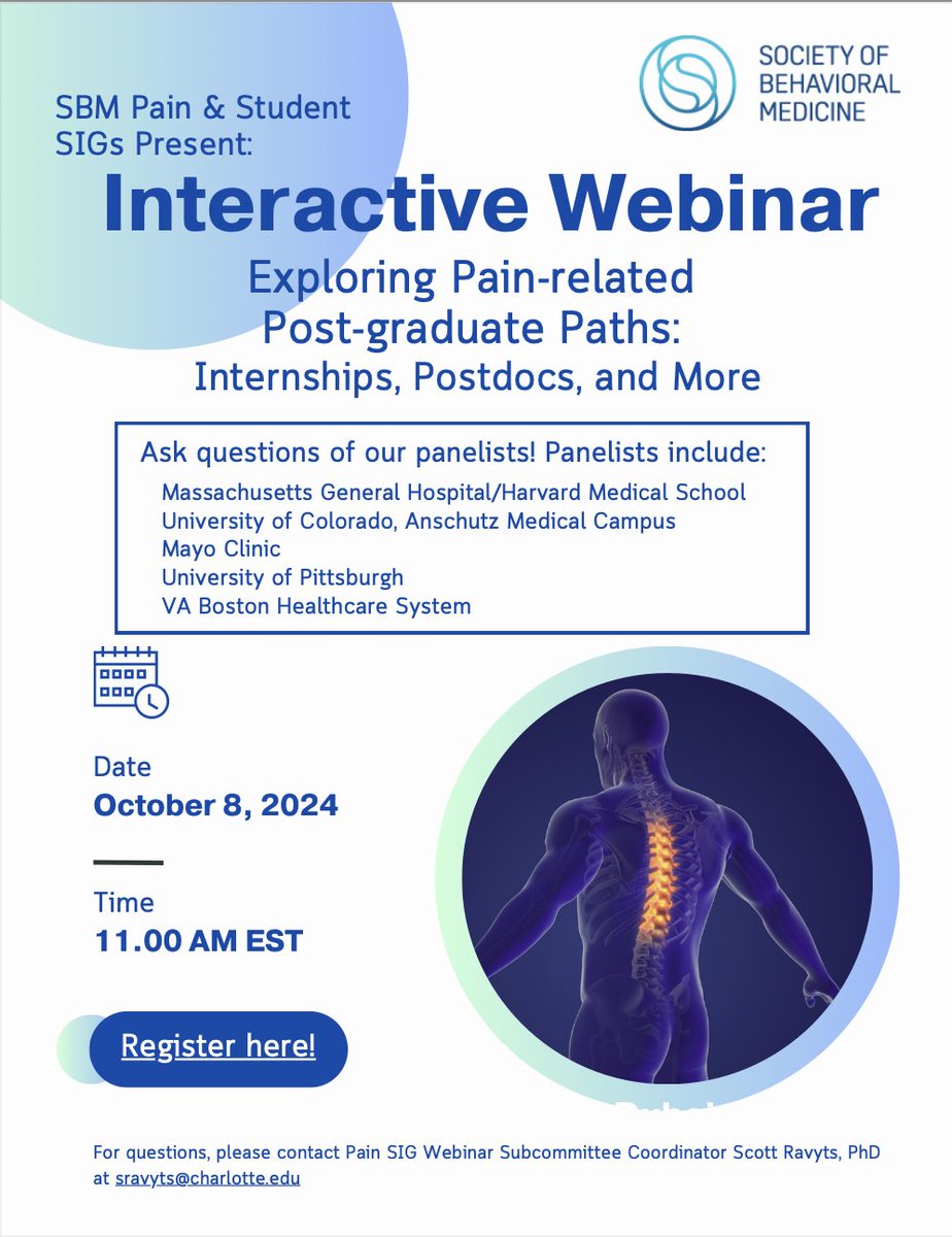 Sbm_PainSIG's tweet photo. We are excited to announce an interactive webinar exploring pain-related postgraduate paths: internships, postdocs, and more co-sponsored by the SBM Pain and Student SIGs!  Time: Tuesday, October 8th, 2024, 11:00am ET  Register here:
https://t.co/FgAeeS9DyM
@SbmStudents https://t.co/AOYV9xmSOs