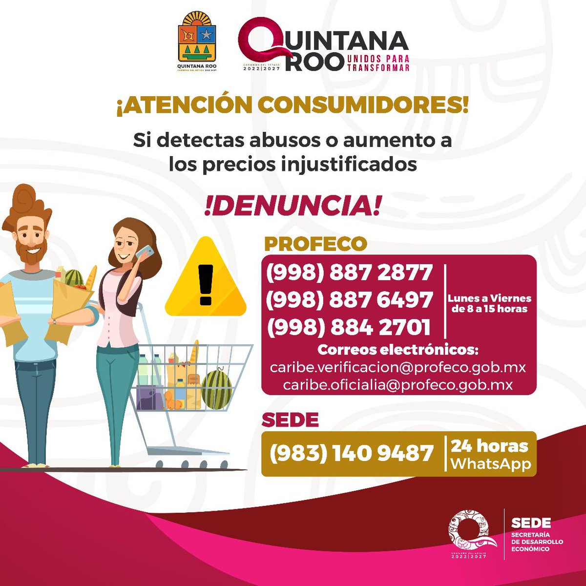 Mara Lezama (@maralezama) on Twitter photo ⚠ Si detectas abusos o aumento a los precios injustificados ¡Denuncia! Les compartimos los números de teléfono y correos electrónico disponibles para hacer sus reportes.
<a href="/SEDEQROO/">SEDE Quintana Roo</a> ⚠ Si detectas abusos o aumento a los precios injustificados ¡Denuncia! Les compartimos los números de teléfono y correos electrónico disponibles para hacer sus reportes.
<a href="/SEDEQROO/">SEDE Quintana Roo</a>
