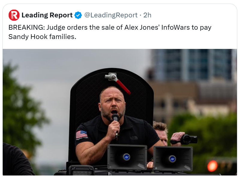 herotimeszero's tweet photo. Alex Jones is ordered to sell Infowars to pay Sandy Hook families. And MAGA and the GOP is freaking out. 

Imagine if a man walked into a funeral of a child. Went up to the inconsolable parents and said, "Nope. Your child isn't dead. You're lying." And an entire political party cheered for him.

When that political party gets crushed in November and they're crying, "Why?!" Hint: Don't abuse parents of murdered children. Americans don't like that.