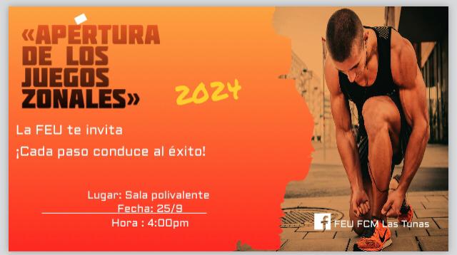 Y ya están aquí los tan esperados Juegos Zonales😜🤸‍♀️⛹️‍♀️⚽️.  La FEU de la Univesidad de Ciencias Médicas de Las Tunas te invita a la Gran Apertura . 
¡¡Te esperamos!!
#GalenosTunerosXMásVictorias 
#SomosFEU #SomosUCMLT