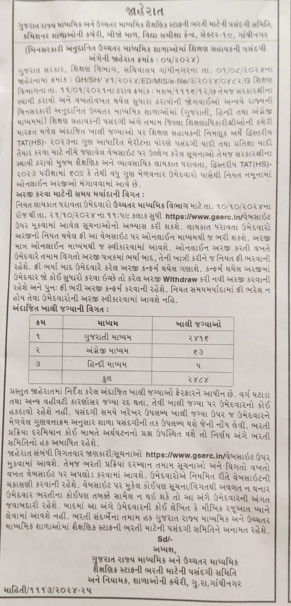 tejasmajithiya5's tweet photo. હાયર સેકન્ડરી ભરતી અન્વયે ⤵️⤵️⤵️
રાજ્ય સરકારે આપેલ તારીખ મુજબ સરકારી ઉચ્ચતર માધ્યમિક અને અનુદાનિત ઉચ્ચતર માધ્યમિક શાળામાં શિક્ષણ સહાયક માટે જાહેરાત પ્રસિદ્ધ કરવામાં આવી.
અરજી સમય-10/10/2024 થી 21/10/2024 સુધી.
(માત્ર-દ્વિસ્તરીય tat પરીક્ષા પાસ માન્ય)
@YAJadeja https://t.co/pHP4whNwj8