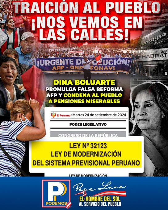 PodemosPepeLuna's tweet photo. 🚨 Gobierno traidor promulga falsa reforma de pensiones y condena al pueblo a una vejez de hambre. 
Esta reforma solo beneficia a las AFP y retendrá los ingresos de más de medio millón de independientes sin su consentimiento. https://t.co/9Oiq9cvTUr