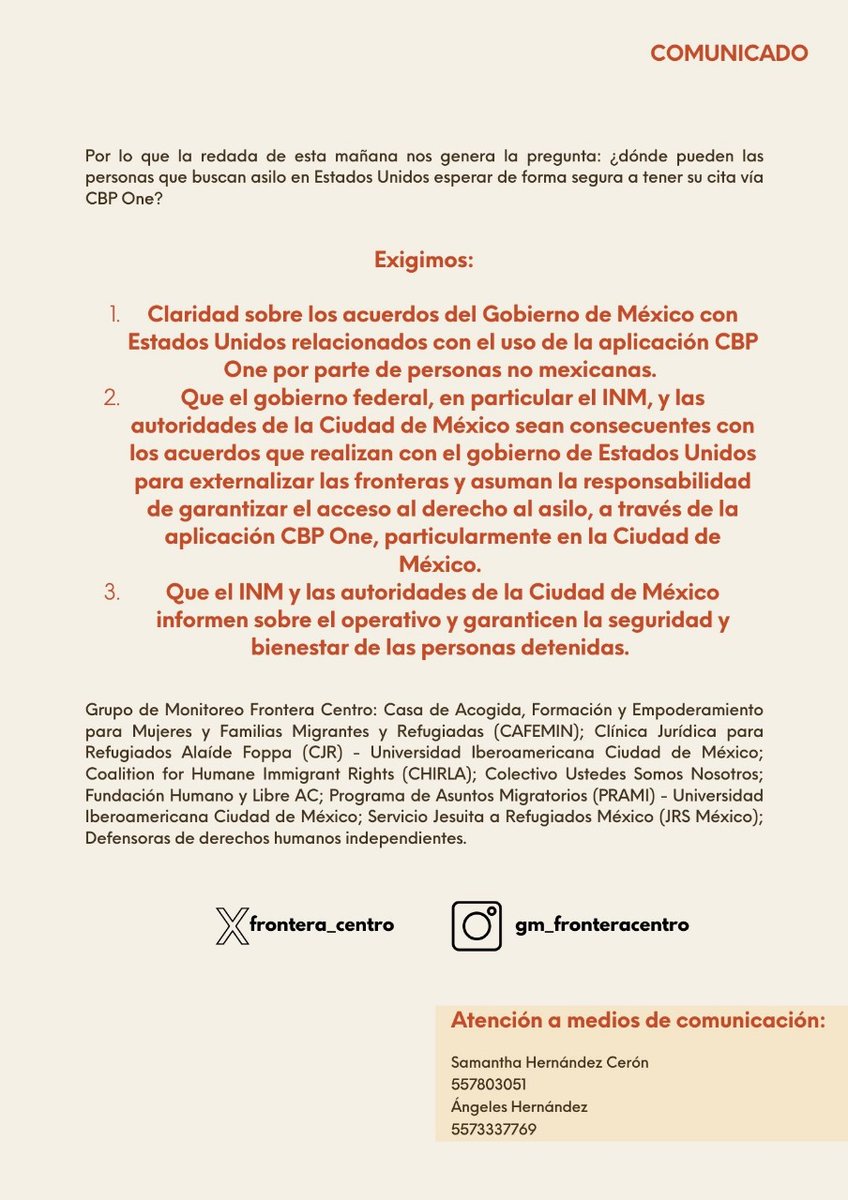 #COMUNICADO 
Grupo de Monitoreo Frontera Centro #GMFC en el marco de la detención de personas migrantes realizadas hoy en Iztapalapa #CDMX

🚨Las personas que buscan asilo en #EEUU, ¿dónde pueden esperar de forma segura a tener su cita vía CBP One?