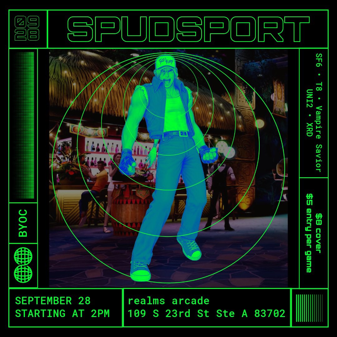 SpudSportKumite's tweet photo. Spudsport is back this Saturday 👊🏽

Signup in bio. Setups appreciated - BYOC. Come play fighting games w/ the #boise #fgc at realms 🌀 https://t.co/kmr2Q57YMC