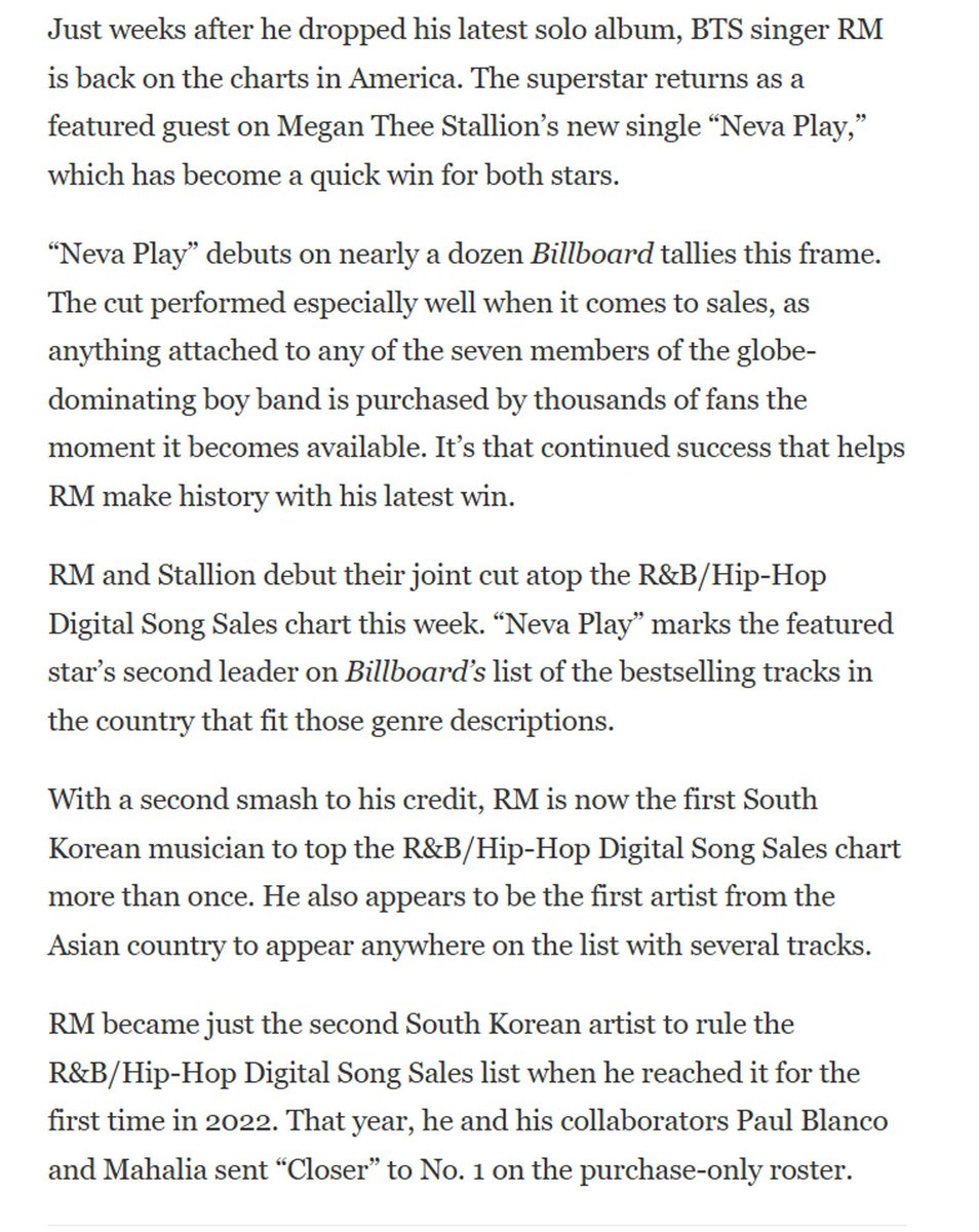 KNJsSource's tweet photo. [📰 FORBES ] RM Makes History With His New No. 1 Single:

"RM is now the first South Korean musician to top the R&B/Hip-Hop Digital Song Sales chart more than once. He also appears to be the first artist from the Asian country to appear anywhere on the list with several tracks."

#RM #방탄소년단RM #김남준 #BTSRM