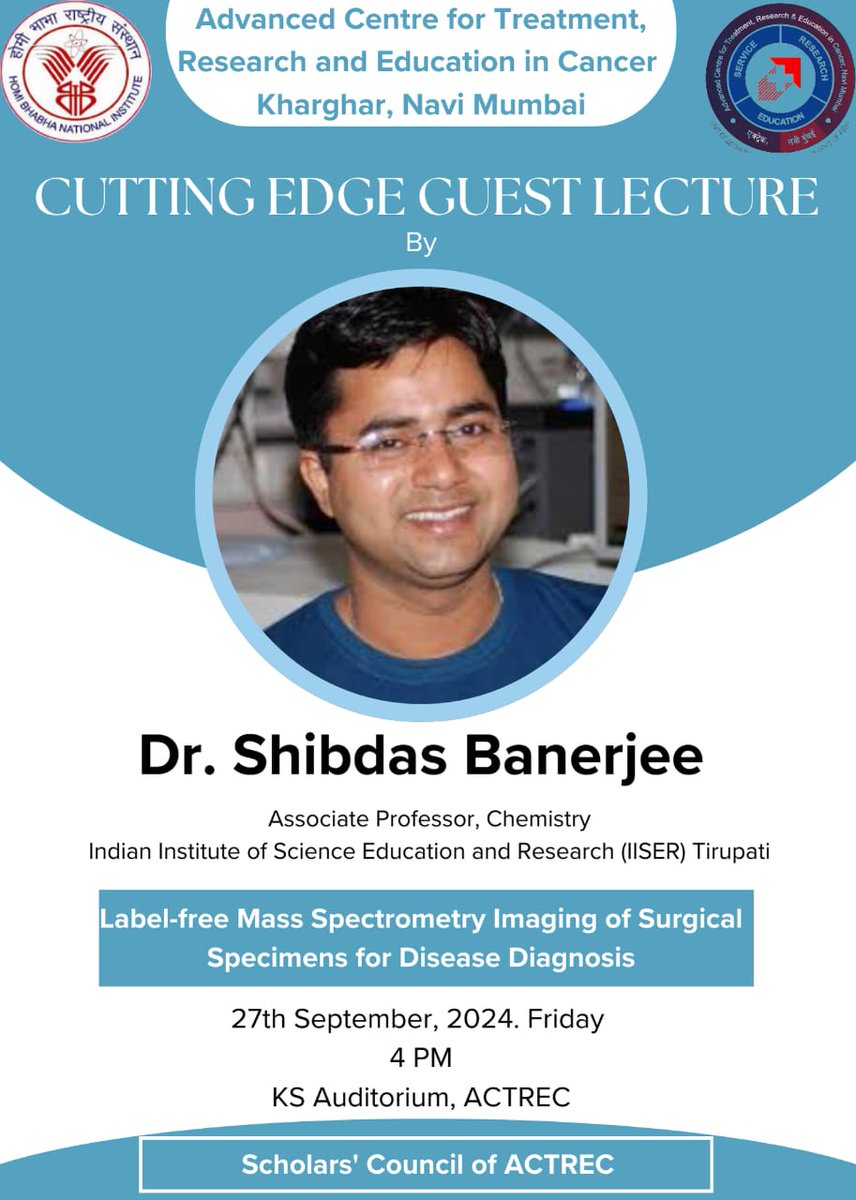 Cancer Research Institute - ACTREC (@cri_actrec) on Twitter photo September edition of our Cutting Edge Lecture series will feature Shibdas Banerjee from <a href="/IiserTirupati/">IISER Tirupati</a> who will talk about label free mass spectrometry & its utility in disease diagnosis!
Looking fwd to host him & the interactions.
<a href="/biopatrika/">Biopatrika</a> <a href="/ACTREC_TMC/">ACTREC-TMC</a> September edition of our Cutting Edge Lecture series will feature Shibdas Banerjee from <a href="/IiserTirupati/">IISER Tirupati</a> who will talk about label free mass spectrometry & its utility in disease diagnosis!
Looking fwd to host him & the interactions.
<a href="/biopatrika/">Biopatrika</a> <a href="/ACTREC_TMC/">ACTREC-TMC</a>