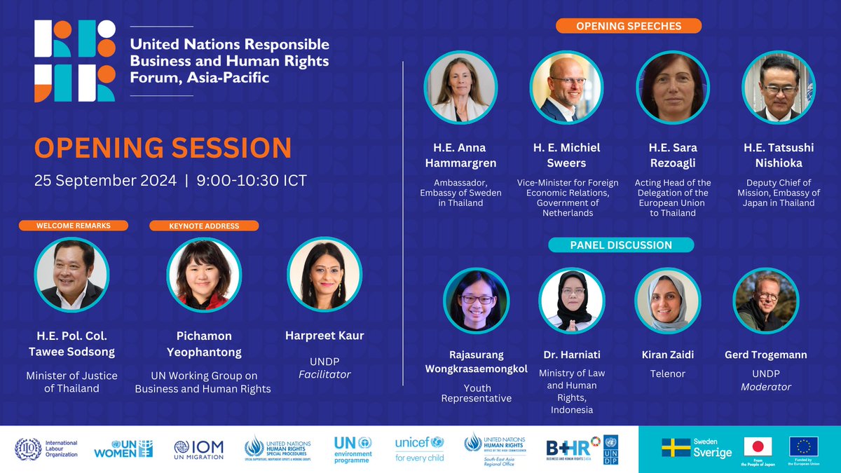 🚀 Today is the official opening of the #UNRBHR Forum🌏, supported by 🇸🇪,🇯🇵, and 🇪🇺

Join key voices from gov, business, and civil society to discuss #BizHumanRights and #AccessToRemedy.

📅 25 Sept 2024 | 🕘 9:00 - 10:30 ICT
🔴 Watch live: webtv.un.org/en/asset/k1b/k…