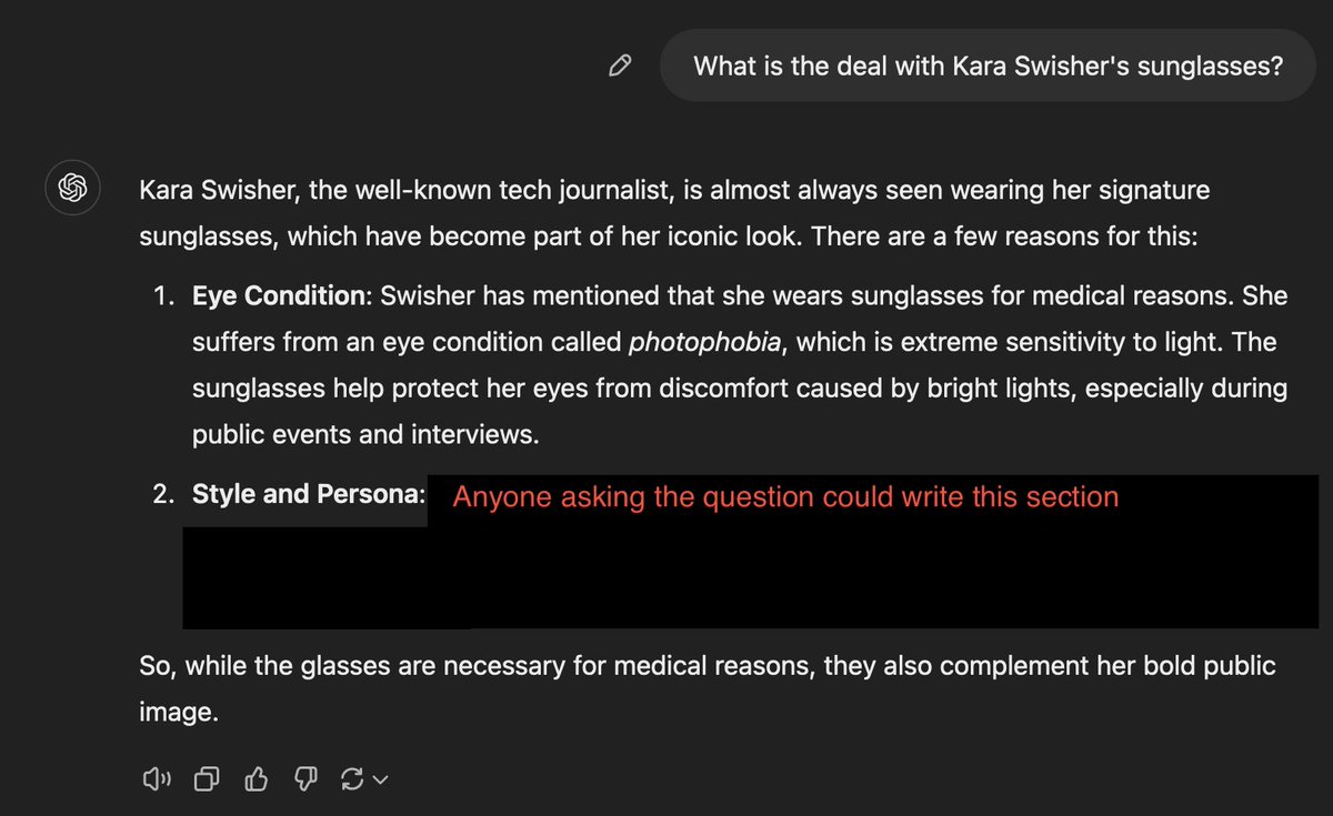 williamdcross's tweet photo. This prompt illustrates both the most common upside (new insight) and most common downside (common gut response) of ChatGPT. Swisher shown in the glasses I was imagining when typing this (Photo: Mary Kang/Knight Center). https://t.co/sQQqWliNWt