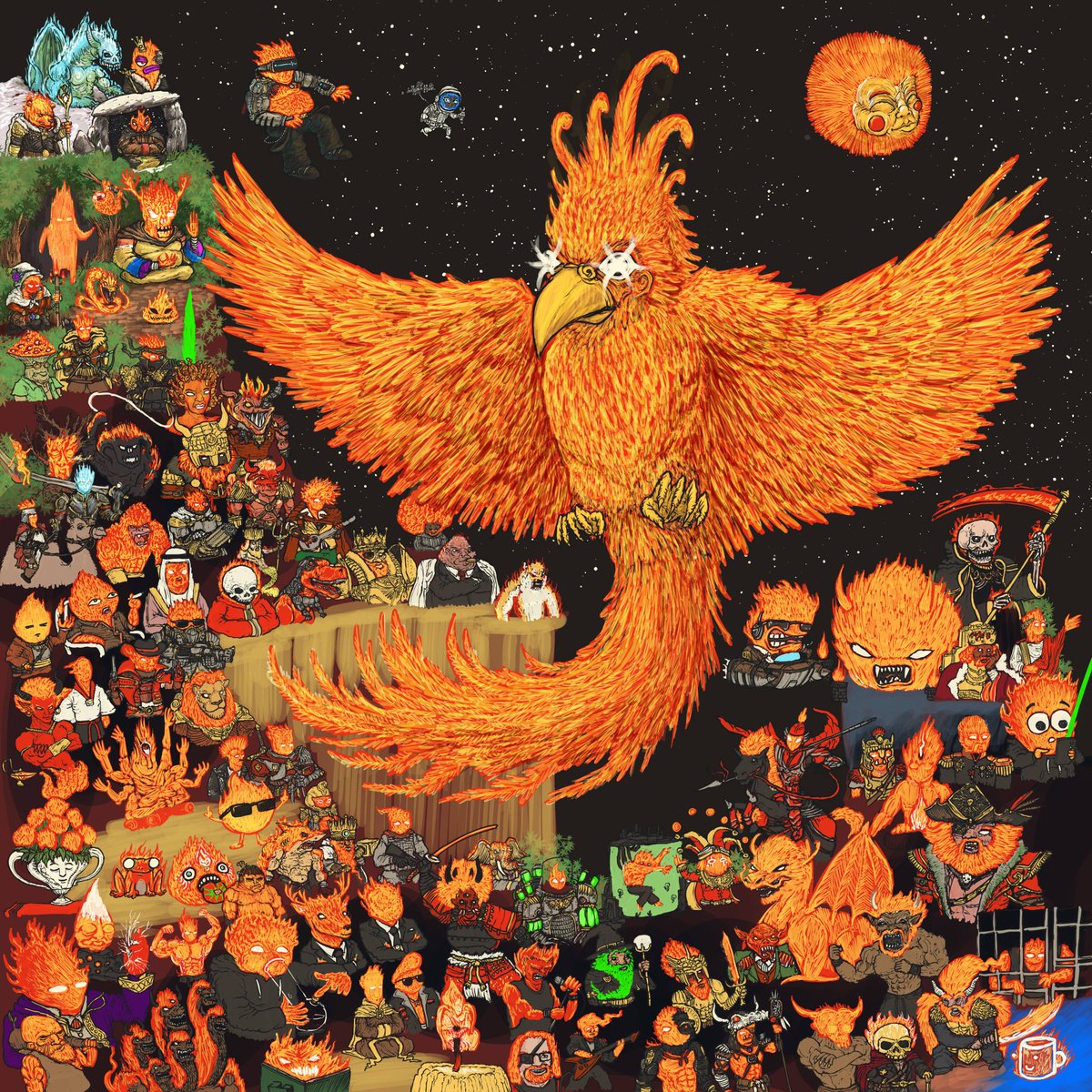 Slowly making progress for Fire Face 100. Going through adding shadows/highlights on each character at the moment.