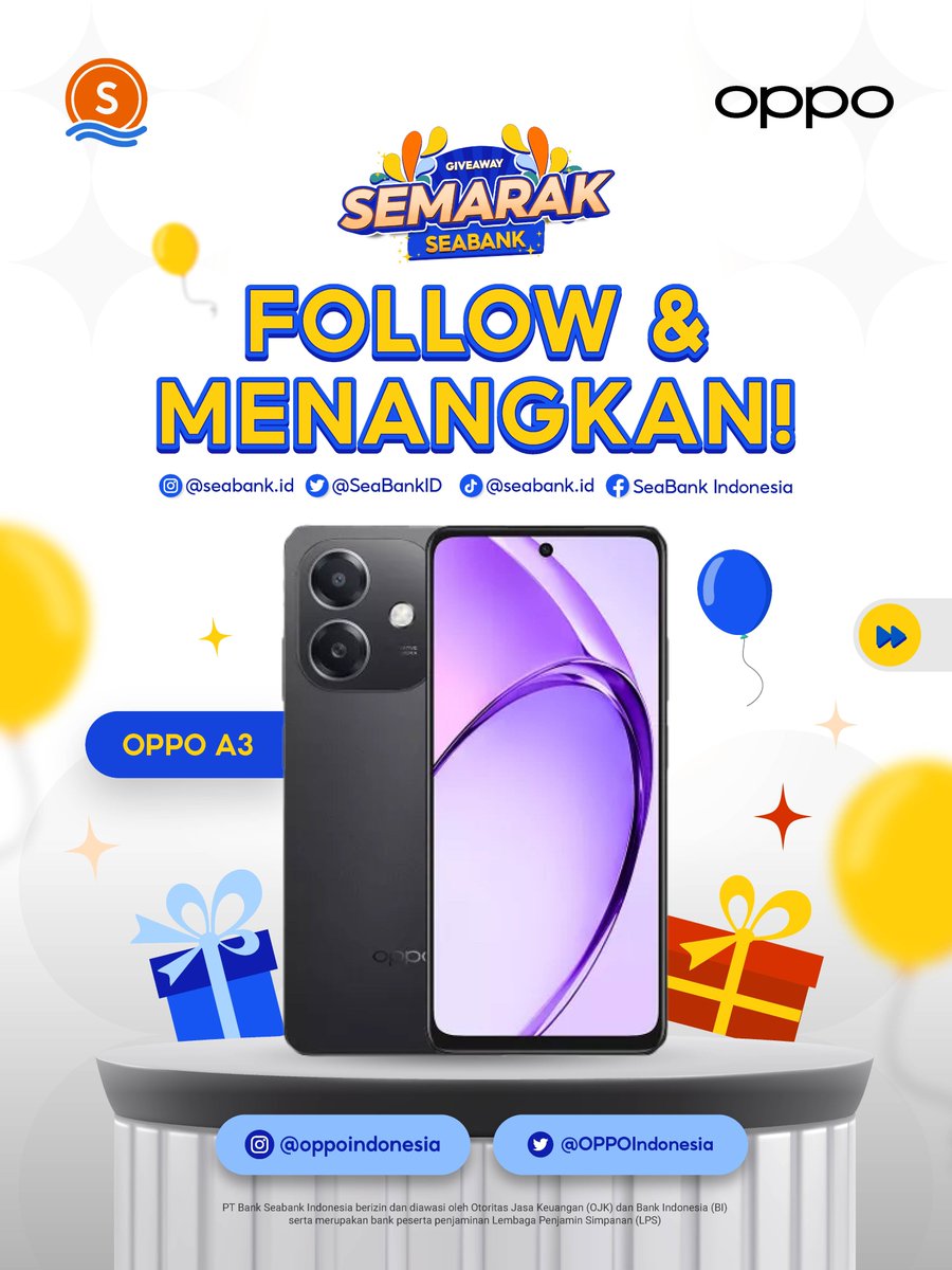 SeaBankID's tweet photo. FOLLOW DAN MENANGKAN: OPPO A3! ⭐️
#SemarakSeaBank

Caranya cuma:
1. FOLLOW SEMUA media sosial SEABANK serta IG & TW OPPO Indonesia
2. LIKE & RT Tweet ini
3. REPLY Fitur OPPO A3 yang kamu suka beserta SEMUA username media sosialmu dengan hashtag  #OPPOA3diSeabank #OPPOLayarKuatKelasMiliter

Selengkapnya CEK di slide ke 2! 🤩